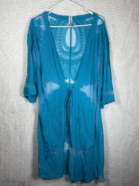 India Boutique Turquoise Crochet Tie-Front Swim Coverup